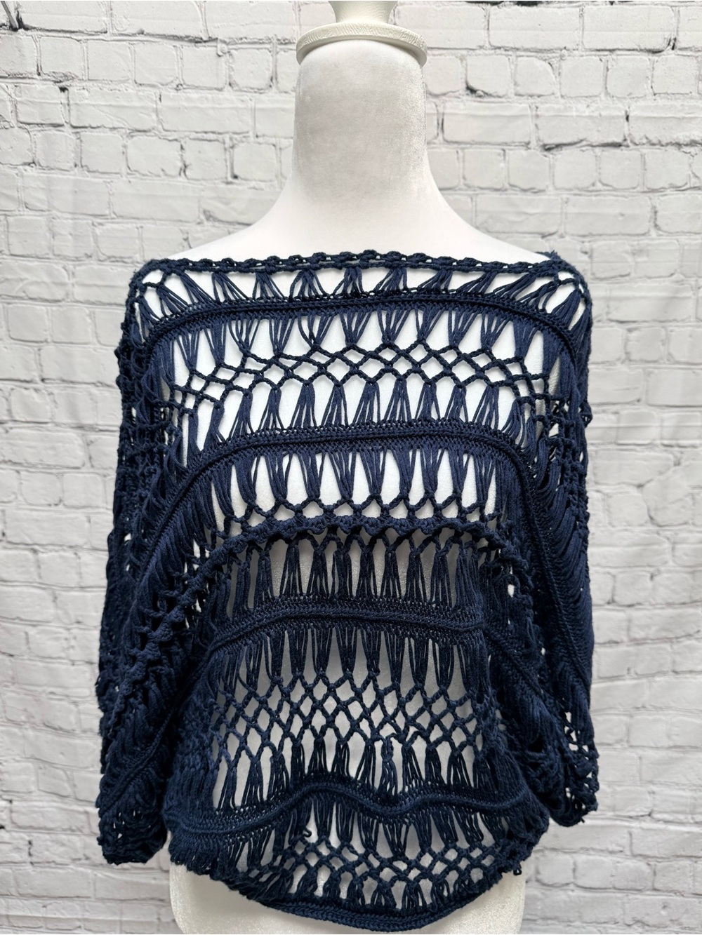 Sans Souci Navy Open-Knit Crochet Boatneck Top